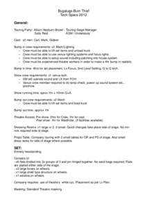 Bugalugs Bum Thief Tech Specs 2012 General: Touring Party: Alison Hepburn-Brown - Touring Stage Manager Sally Reid - ASM / Understudy