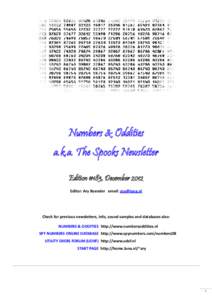 Numbers & Oddities a.k.a. The Spooks Newsletter Edition #183, December 2012 Editor: Ary Boender email:   Check for previous newsletters, info, sound samples and databases also: