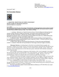 Media contact: Lezlie Salkowitz-Montoya P.O. Box 6, Elmira, CAPhone: ,  November 8th, 2004