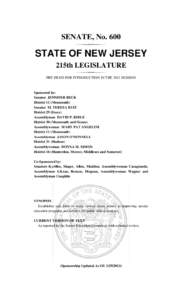 SENATE, No[removed]STATE OF NEW JERSEY 215th LEGISLATURE PRE-FILED FOR INTRODUCTION IN THE 2012 SESSION