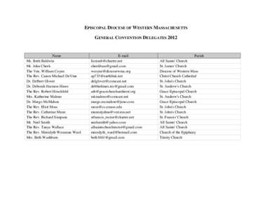 EPISCOPAL DIOCESE OF WESTERN MASSACHUSETTS GENERAL CONVENTION DELEGATES 2012 Name Ms. Beth Baldwin Mr. John Cheek