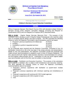 OFFICE OF INSPECTOR GENERAL PALM BEACH COUNTY CONTRACT OVERSIGHT NOTIFICATIONNISSUE DATE: SEPTEMBER 28, 2012 Sheryl G. Steckler