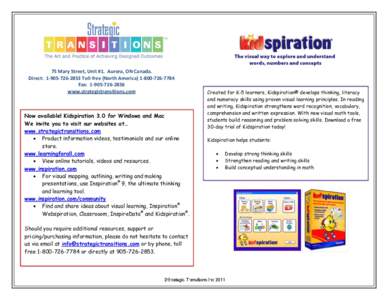 75 Mary Street, Unit #1. Aurora, ON Canada. Direct: [removed]Toll-free (North America[removed]Fax: [removed]www.strategictransitions.com  Now available! Kidspiration 3.0 for Windows and Mac