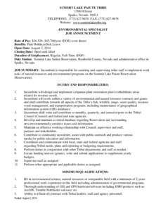 SUMMIT LAKE PAIUTE TRIBE 1708 H Street Sparks, Nevada[removed]TELEPHONE: ([removed]FAX: ([removed]Website: www.summitlaketribe.org ENVIRONMENTAL SPECIALIST