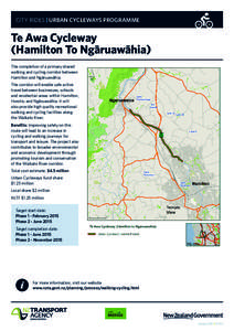 CITY RIDES | URBAN CYCLEWAYS PROGRAMME  Te Awa Cycleway (Hamilton To Nga¯ruawa¯hia) The completion of a primary shared walking and cycling corridor between