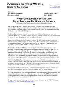 Press Release - Westly Announces New Tax Law:  Equal Treatment for Domestic Partners
