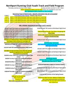 Northport Running Club Youth Track and Field Program Thursday practices are from 6:30-7:30pm Sunday practices are from 12:30-1:30pm Yellow Highlighted Meets and Fun Runs below are available on your own. Blue Highlighted 