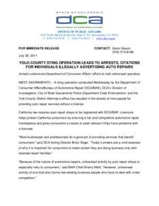 OFFICE OF PUBLIC AFFAIRS 1625 North Market Boulevard, Suite N-323, Sacramento, CA[removed]P[removed]F[removed] | www.dca.ca.gov FOR IMMEDIATE RELEASE