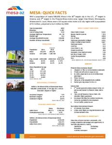 MESA: QUICK FACTS With a population of nearly 500,000, Mesa is the 38th largest city in the U.S., 3rd largest in Arizona, and 2nd largest in the Phoenix-Mesa metro area. Larger than Miami, Minneapolis, Atlanta and St. Lo