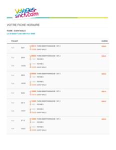 VOTRE FICHE HORAIRE PARIS - SAINT MALO Leentre 08h14 et 18h56 TRAJET