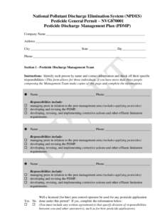 National Pollutant Discharge Elimination System (NPDES) Pesticide General Permit – NVG870001 Pesticide Discharge Management Plan (PDMP) Company Name _____________________________________________________________ Address