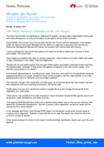 News Release Minister Ian Hunter Minister for Sustainability, Environment and Conservation Minister for Water and the River Murray Minister for Aboriginal Affairs and Reconciliation Monday, 19 January, 2015