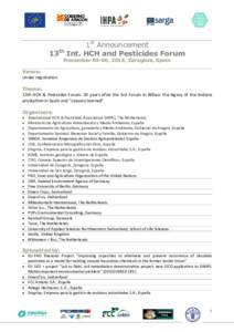 13th  1st Announcement Int. HCH and Pesticides Forum  November 03-06, 2015, Zaragoza, Spain