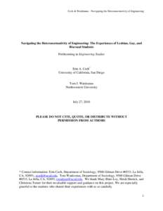 Cech & Waidzunas—Navigating the Heteronormativity of Engineering  Navigating the Heteronormativity of Engineering: The Experiences of Lesbian, Gay, and Bisexual Students Forthcoming in Engineering Studies