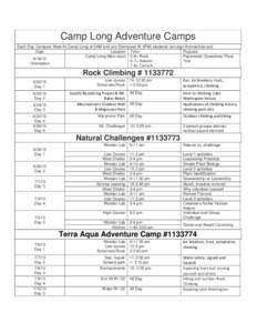 Camp Long Adventure Camps Each Day Campers Meet At Camp Long at 9AM and are Dismissed At 5PM( students can sign themselves out) Date Location Time Purpose Camp Long Main room 5-6= Rock