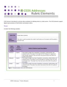 CEDS Version 4 introduced a common data vocabulary for defining rubrics in a data system. The CEDS elements support digital representations of both holistic and analytic rubrics. Scope Consider the following examples: