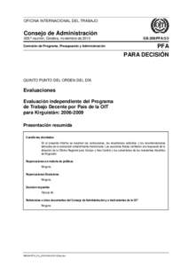 OFICINA INTERNACIONAL DEL TRABAJO  Consejo de Administración GB.309/PFA[removed].ª reunión, Ginebra, noviembre de 2010