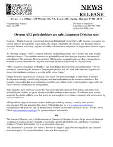 News Release: Oregon AIG policyholders are safe, Insurance Division says