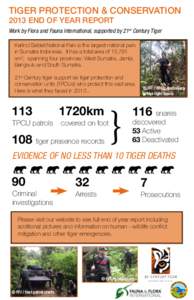 TIGER PROTECTION & CONSERVATION 2013 END OF YEAR REPORT Work by Flora and Fauna International, supported by 21st Century Tiger Kerinci Seblat National Park is the largest national park in Sumatra Indonesia. It has a tota