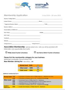 Membership Application  1 July 2014 – 30 June 2015 Business Trading Name:______________________________________________________________________________ Contact Person: _____________________________________________Phone