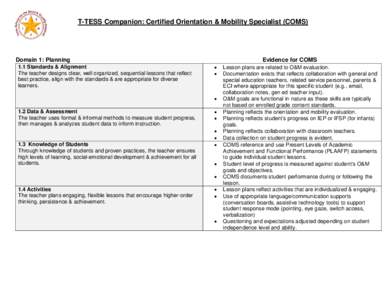 T-TESS Companion: Certified Orientation & Mobility Specialist (COMS)  Domain 1: Planning 1.1 Standards & Alignment The teacher designs clear, well organized, sequential lessons that reflect best practice, align with the 