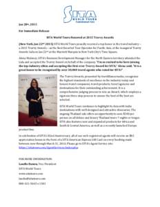 Jan 28th, 2015 For Immediate Release SITA World Tours Honored at 2015 Travvy Awards (New York, Jan 22nd[removed]SITA World Tours proudly received a top honor in the travel industry – a 2015 Travvy Awards – as the Best 