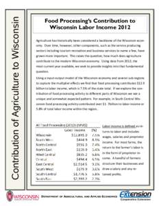Contribution of Agriculture to Wisconsin  Food Processing’s Contribution to Wisconsin Labor Income 2012 Agriculture has historically been considered a backbone of the Wisconsin economy. Over time, however, other compon