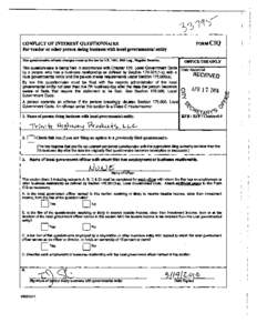 FORMCIQ  CONFLICT OF INTEREST QUESTIONNAIRE For vendor or other person doing business with local governmental entity ThIs questionnaire ntfIecIB IIhIInges made to the law by H.B. 1491, 80th Leg.. Regular SessIon.