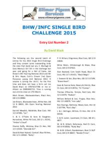 BHW/INFC SINGLE BIRD CHALLENGE 2015 Entry List Number 2 By David Black The following are the second batch of entries for the 2015 Single Bird Challenge