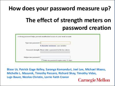 How does your password measure up?  The effect of strength meters on password creation  Blase Ur, Patrick Gage Kelley, Saranga Komanduri, Joel Lee, Michael Maass,