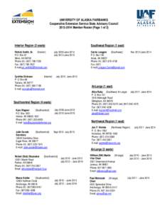 UNIVERSITY OF ALASKA FAIRBANKS Cooperative Extension Service State Advisory Council[removed]Member Roster (Page 1 of 2) Southwest Region (1 seat)