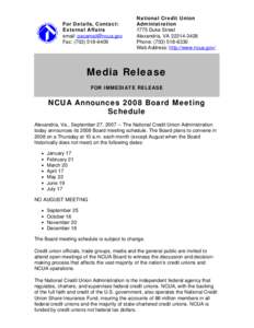 Media Release - NCUA Announces 2008 Board Meeting Schedule