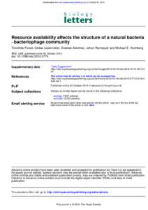 Downloaded from rsbl.royalsocietypublishing.org on October 20, 2010  Resource availability affects the structure of a natural bacteria −bacteriophage community Timothée Poisot, Gildas Lepennetier, Esteban Martinez, Jo