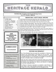 WINTER 2009 Newsletter of the Eureka Heritage Society EstEureka, California OBERON GRILL HOSTS ANNUAL MEETING In this IssuePresident’s Message…...2 Actions by the Board…...2