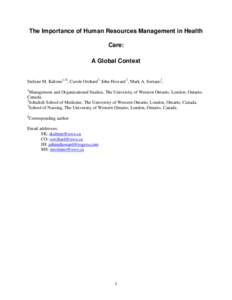 The Importance of Human Resources Management in Health Care: A Global Context Stefane M. Kabene1,3§, Carole Orchard3, John Howard 2, Mark A. Soriano1, 1