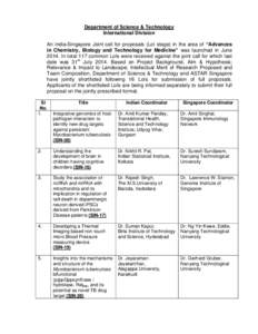 Department of Science & Technology International Division An India-Singapore Joint call for proposals (LoI stage) in the area of “Advances in Chemistry, Biology and Technology for Medicine” was launched in June 2014.