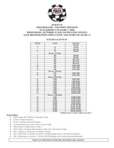 EVENT 10 HIGH ROLLER – NO-LIMIT HOLD’EM AUD 25,000 BUY-IN (24,000 + 1,000) WEDNESDAY, OCTOBER 15, 2014, 6:10 PM (3 DAY EVENT) LATE REGISTRATION OPEN UNTIL THE START OF LEVEL 13 SCHEDULE OF PLAY