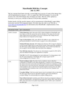 MassHealth 5010 Key Concepts July 22, 2011 The key concepts listed below provide a current high level overview of some of the changes that will be implemented on January 1, 2012, to support the CMS 5010 mandate. It is no