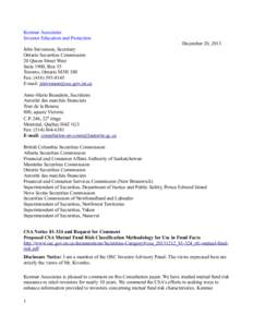Kenmar Associates Investor Education and Protection December 20, 2013 John Stevenson, Secretary Ontario Securities Commission 20 Queen Street West