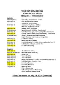 THE DOON GIRLS SCHOOL ACADEMIC CALANDAR APRIL 2014 – MARCH 2015 April[removed]Thurs[removed]Fri)