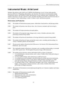 Music Standards of Learning  Instrumental Music: Artist Level Students who perform at the Artist Level (VBODA Solo Repertoire, Level 5-6) have built upon the previous skill levels of Beginning, Intermediate, and Advanced