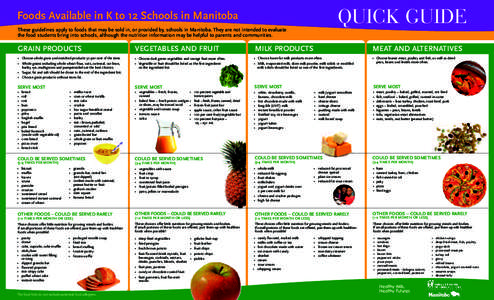 QUICK GUIDE  Foods Available in K to 12 Schools in Manitoba These guidelines apply to foods that may be sold in, or provided by, schools in Manitoba. They are not intended to evaluate the food students bring into schools