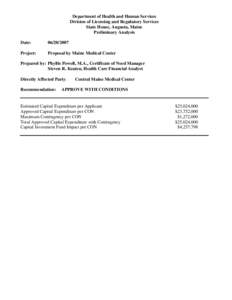 Department of Health and Human Services Division of Licensing and Regulatory Services State House, Augusta, Maine Preliminary Analysis Date: