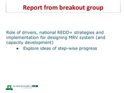 Report from breakout group  Role of drivers, national REDD+ strategies and implementation for designing MRV system (and capacity development) ● Explore ideas of step-wise progress