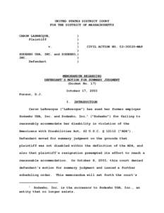 UNITED STATES DISTRICT COURT FOR THE DISTRICT OF MASSACHUSETTS CARON LABRECQUE, Plaintiff