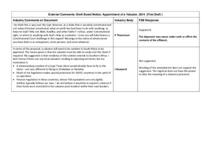 External Comments: Draft Board Notice: Appointment of a Valuator, 2014 (First Draft ) Industry Comments on Document I do think this is way over the top! However, as a State that is secularly-constituted and not Judeo-Chr