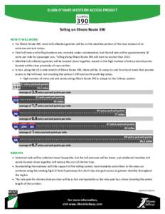 ELGIN O’HARE WESTERN ACCESS PROJECT  Tolling on Illinois Route 390 HOW IT WILL WORK  For Illinois Route 390, most toll collection gantries will be on the mainline portion of the road instead of on