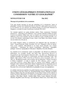 UNION GÉOGRAPHIQUE INTERNATIONALE COMMISSION “GENRE ET GEOGRAPHIE” NEWSLETTER N°48 Mai 2012