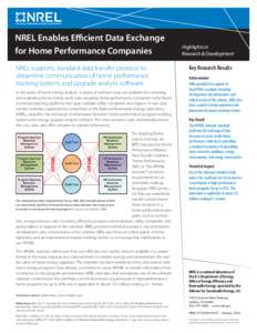 NREL Enables Efficient Data Exchange for Home Performance Companies NREL supports standard data transfer protocol to streamline communication of home performance tracking systems and upgrade analysis software. In the wor