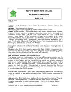 TOWN OF BEAUX ARTS VILLAGE PLANNING COMMISSION MINUTES May 19, 2010 Justus Present: Acting Chairperson Karen Scott, Commissioners Gordon Roberts, Dick